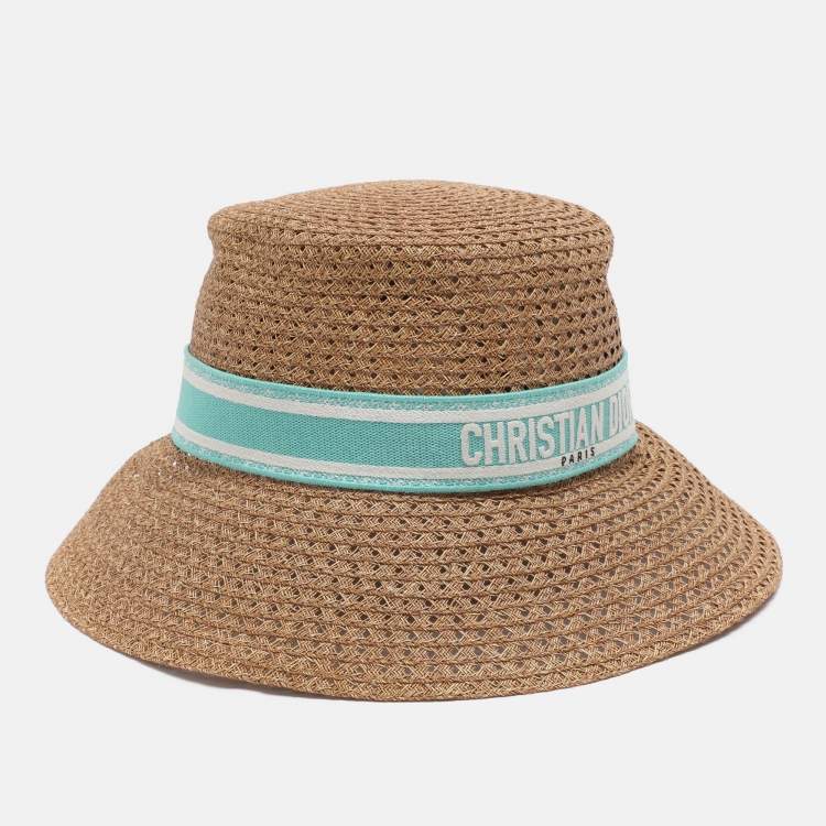 Pre Owned Christian Dior Brown Embroidered Band Straw D-Bobby Large Brim Hat