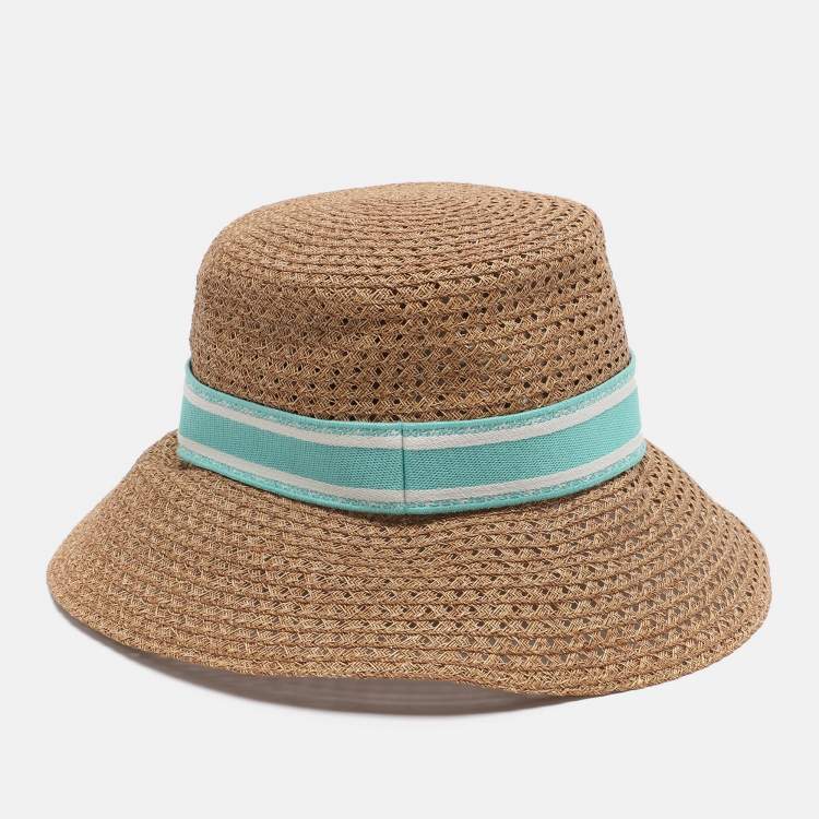 Pre Owned Christian Dior Brown Embroidered Band Straw D-Bobby Large Brim Hat