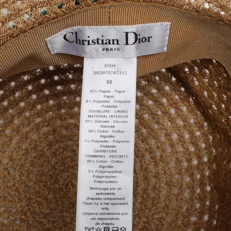 Pre Owned Christian Dior Brown Embroidered Band Straw D-Bobby Large Brim Hat