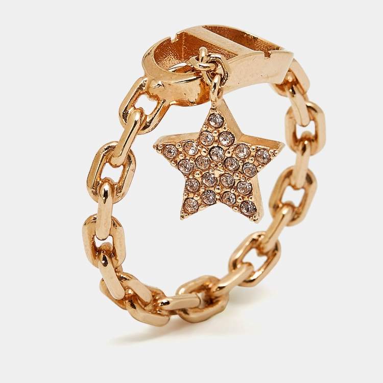 Pre Owned Dior CD Crystals Rose Gold Tone Charm Ring