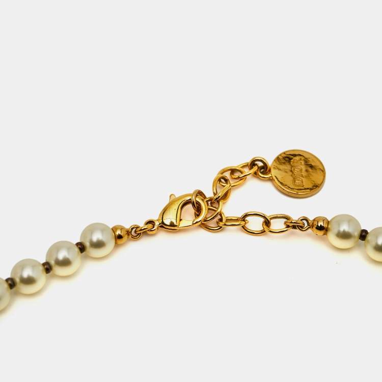 Pre Owned Dior 30 Montaigne Faux Pearl Gold Tone Choker Necklace