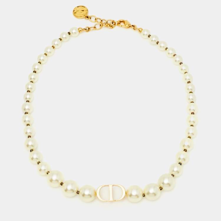 Pre Owned Dior 30 Montaigne Faux Pearl Gold Tone Choker Necklace