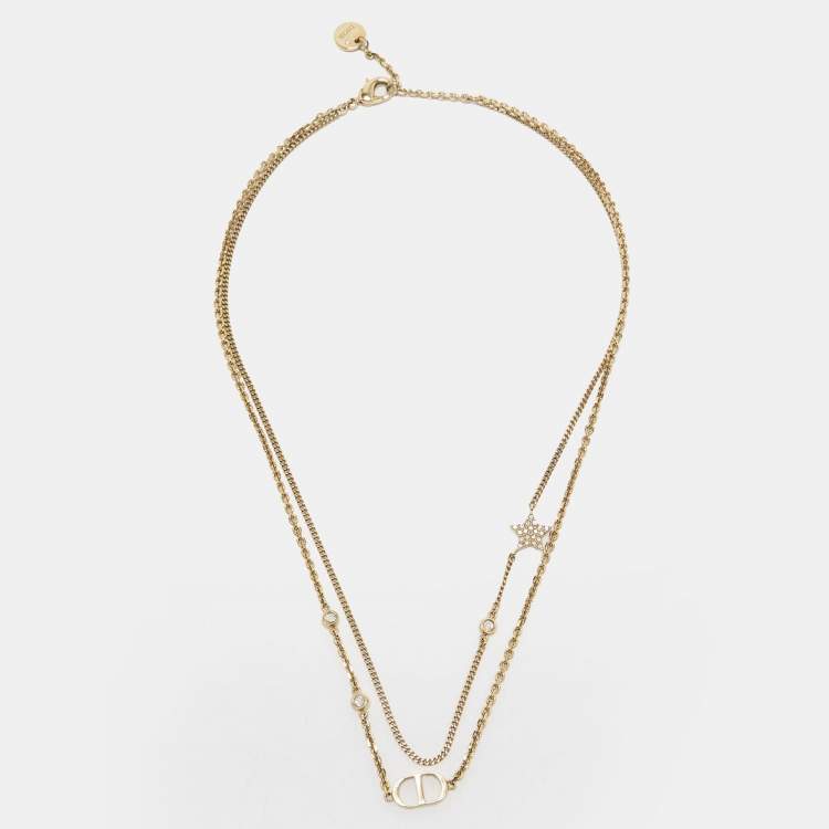 Pre Owned Dior Petit CD Crystals Gold Tone Double Necklace