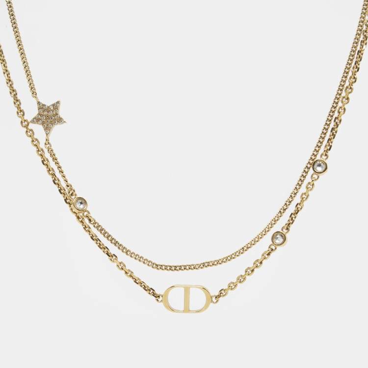 Pre Owned Dior Petit CD Crystals Gold Tone Double Necklace