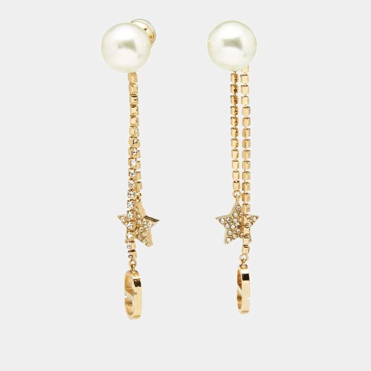 Pre Owned أقراط ديور تريبالس دانجل لؤلؤ صناعي وبلورات بلون ذهبي