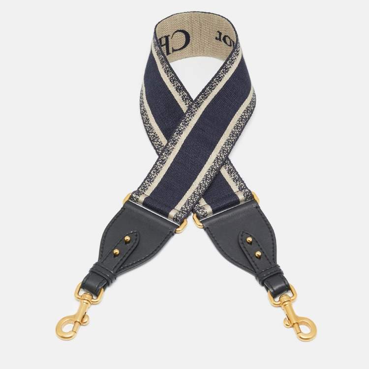 Pre Owned Dior Bag Shoulder Strap Navy Blue/Beige Embroidered Canvas and Leather 