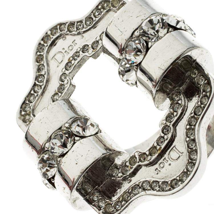 Pre Owned Dior Crystal Embellished Silver Tone Ring Size 49