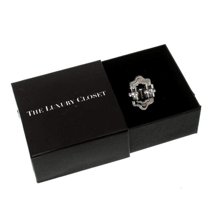 Pre Owned Dior Crystal Embellished Silver Tone Ring Size 49