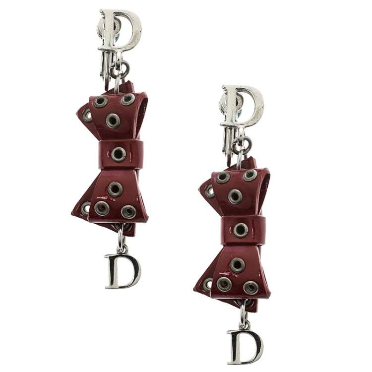 Pre Owned Dior Red Bow Patent Leather Silver Tone Drop Earrings