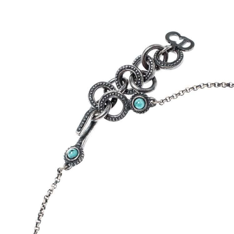Pre Owned Dior Turquoise Bead Embedded Antique Silver Tone Choker Necklace