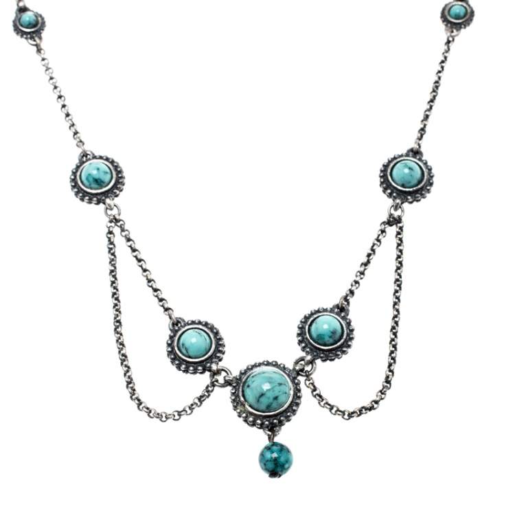 Pre Owned Dior Turquoise Bead Embedded Antique Silver Tone Choker Necklace