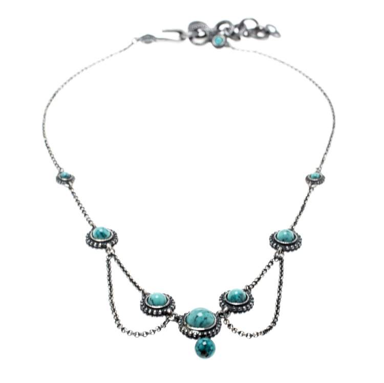 Pre Owned Dior Turquoise Bead Embedded Antique Silver Tone Choker Necklace