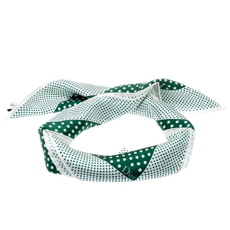 Pre Owned Dior Green and White Polka Dotted Silk Square Scarf