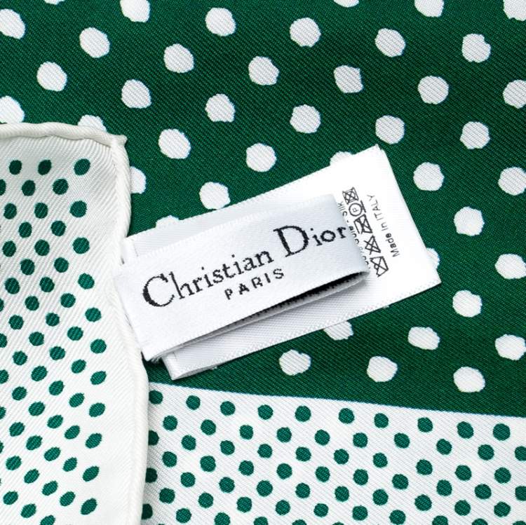 Pre Owned Dior Green and White Polka Dotted Silk Square Scarf