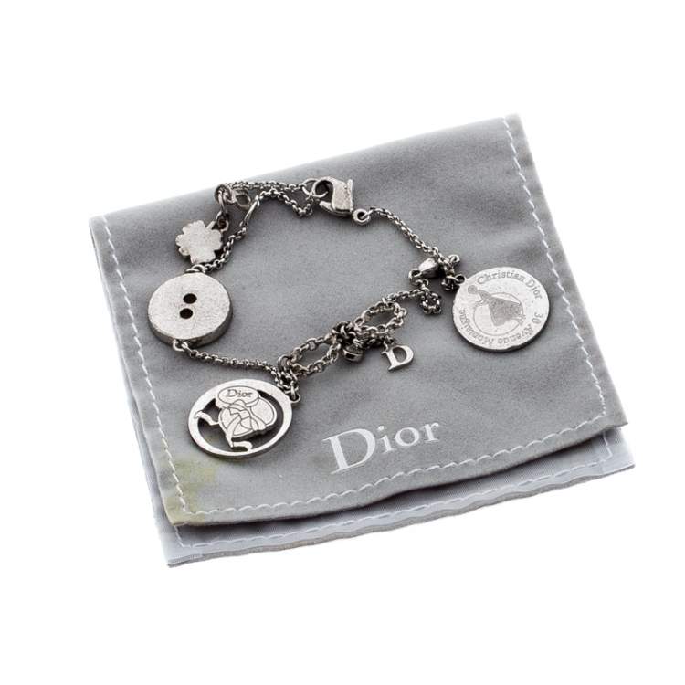 Pre Owned Dior Button Bow Crystal Silver Tone Charm Bracelet