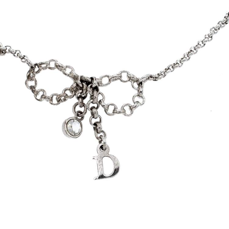 Pre Owned Dior Button Bow Crystal Silver Tone Charm Bracelet