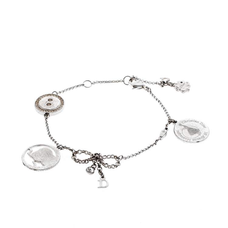 Pre Owned Dior Button Bow Crystal Silver Tone Charm Bracelet