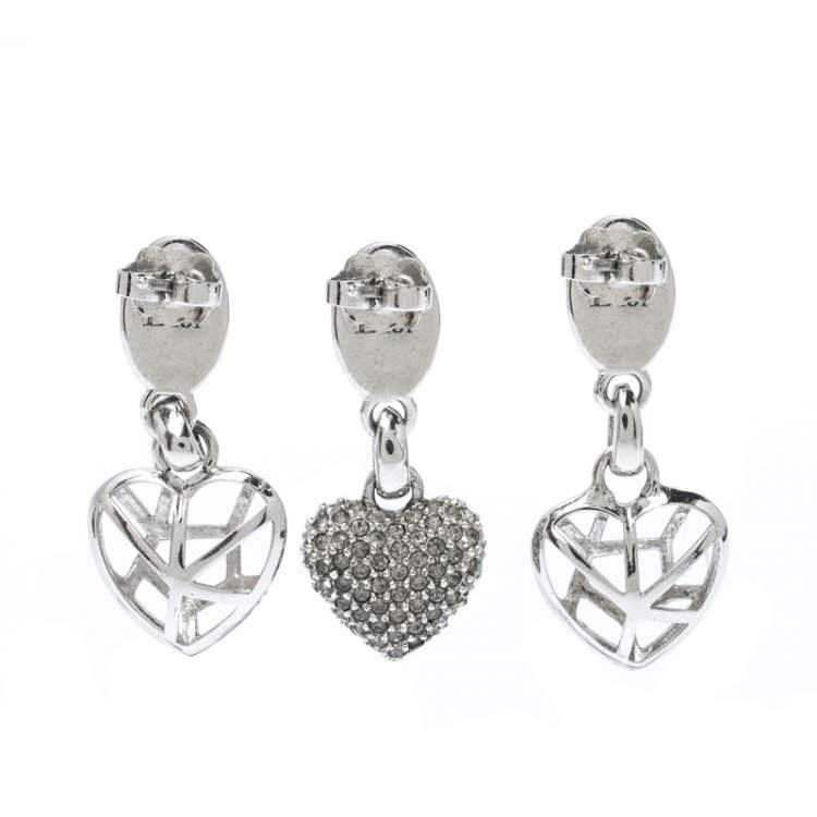 Pre Owned Dior Crystal Heart Silver Tone Set of Three Drop Earrings