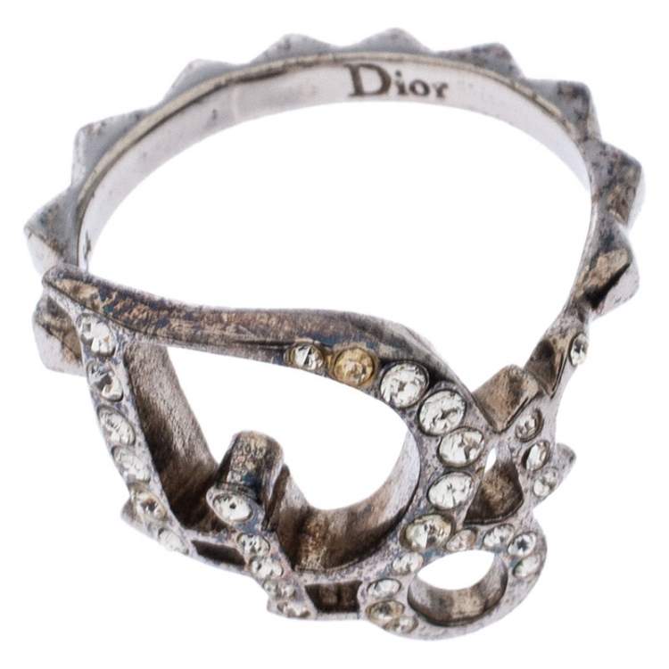 مملوكة مسبقًا Dior Crystal Logo Silver Tone Ring Size 54