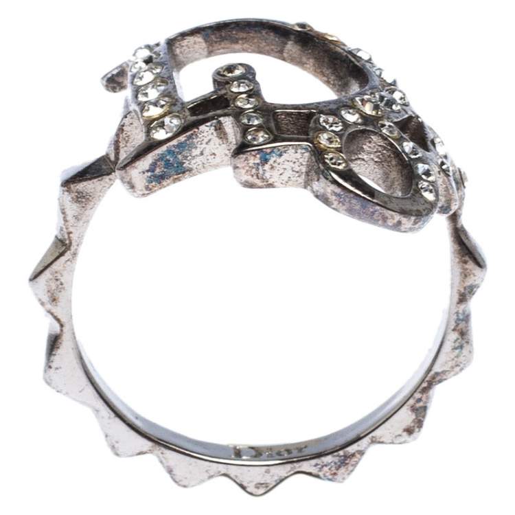 مملوكة مسبقًا Dior Crystal Logo Silver Tone Ring Size 54