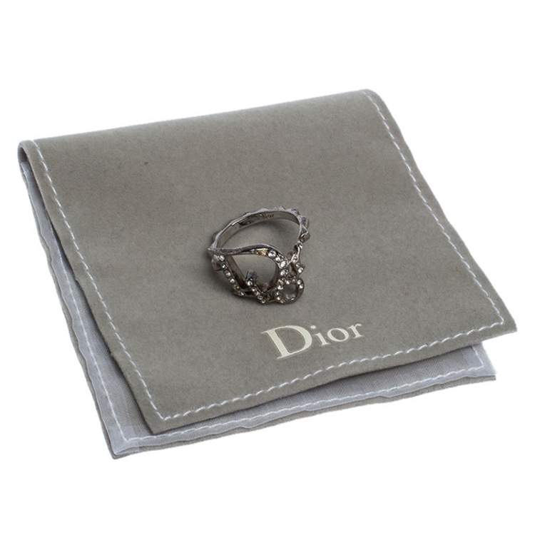 مملوكة مسبقًا Dior Crystal Logo Silver Tone Ring Size 54