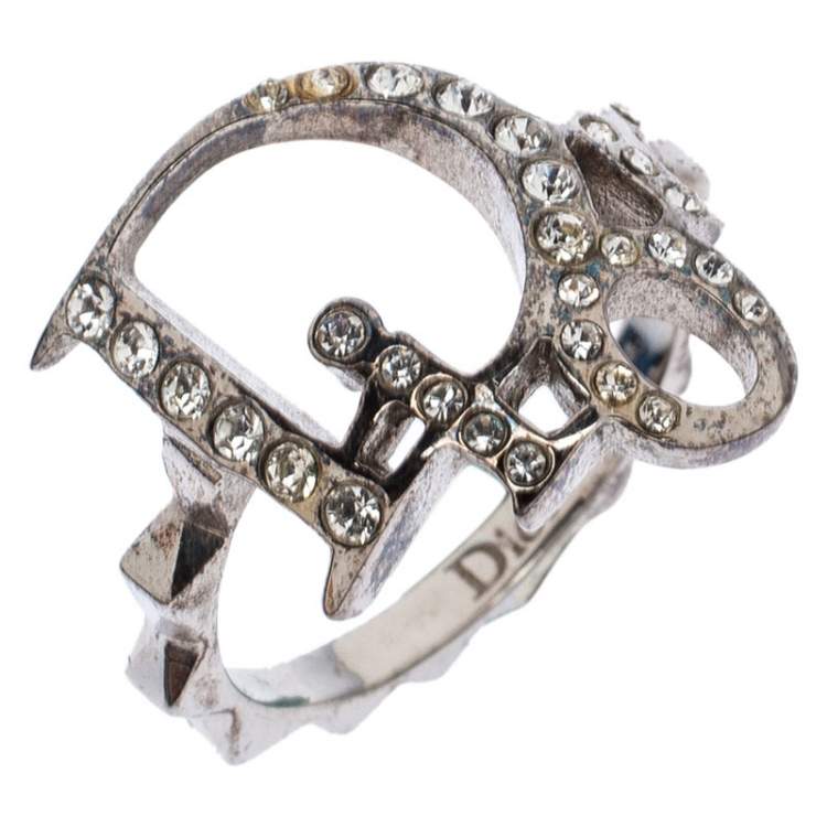 مملوكة مسبقًا Dior Crystal Logo Silver Tone Ring Size 54