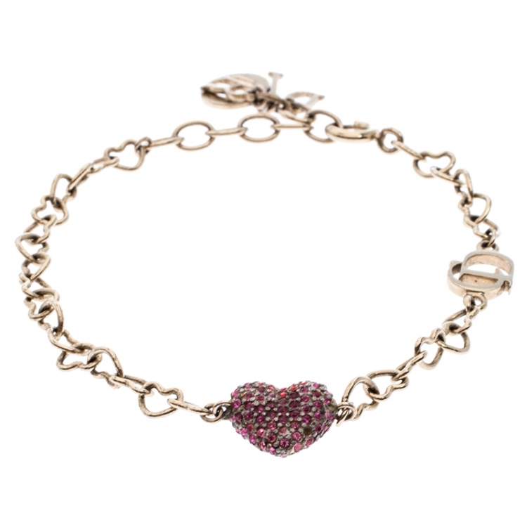 Pre Owned Dior Silver Tone Pink & Red Crystal Studded Heart Charm Bracelet