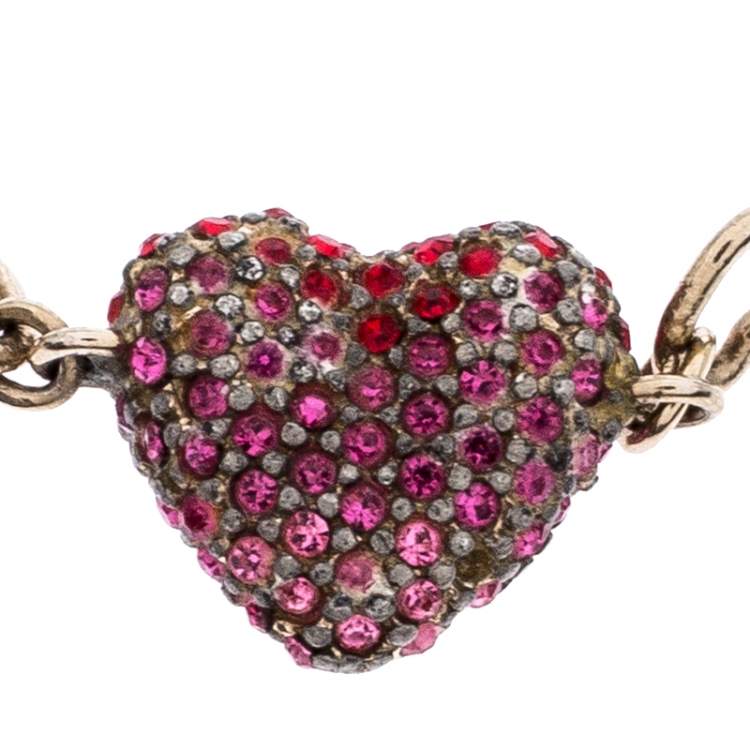 Pre Owned Dior Silver Tone Pink & Red Crystal Studded Heart Charm Bracelet