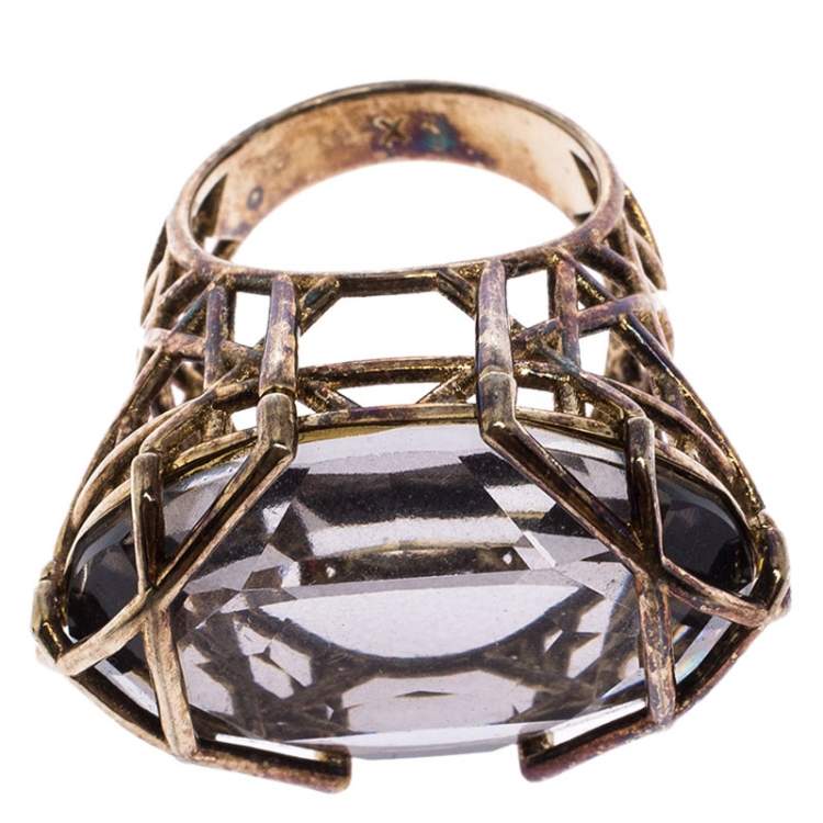 Pre Owned Dior Gold Tone Crystal Cannage Cocktail Ring Size 58