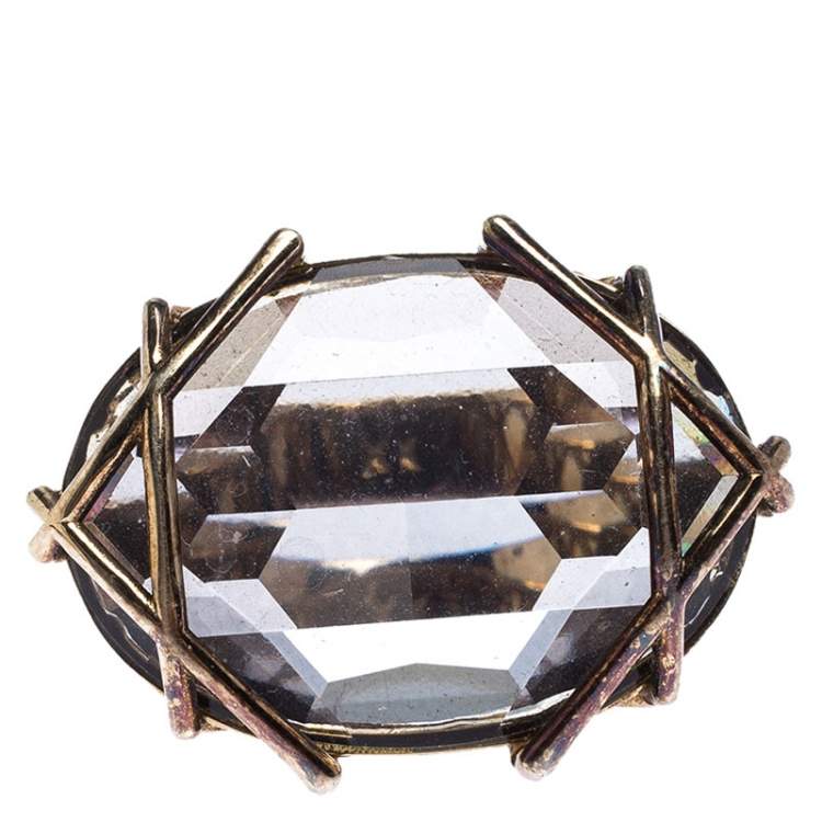 Pre Owned Dior Gold Tone Crystal Cannage Cocktail Ring Size 58