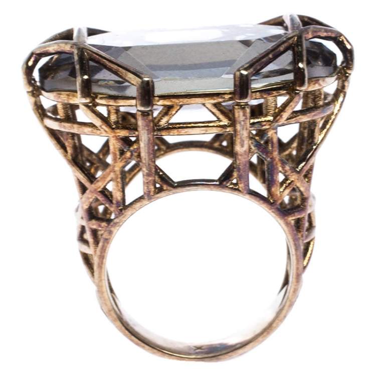 Pre Owned Dior Gold Tone Crystal Cannage Cocktail Ring Size 58