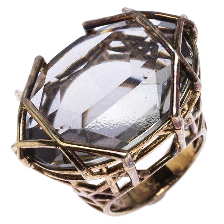Pre Owned Dior Gold Tone Crystal Cannage Cocktail Ring Size 58