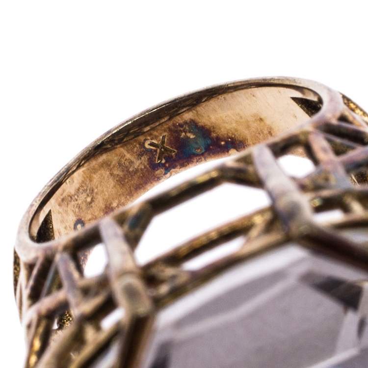 Pre Owned Dior Gold Tone Crystal Cannage Cocktail Ring Size 58