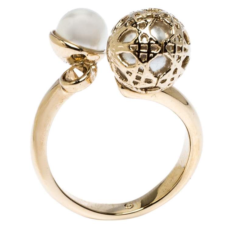 Pre Owned Dior Cannage Faux Pearl Crystal Gold Tone Open Ring Size 51