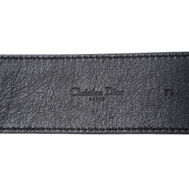 Pre Owned Dior Black Leather Round Logo Buckle Belt 75CM