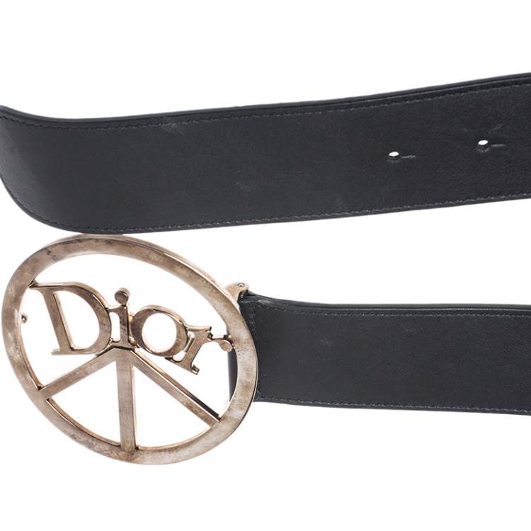 Pre Owned Dior Black Leather Round Logo Buckle Belt 75CM