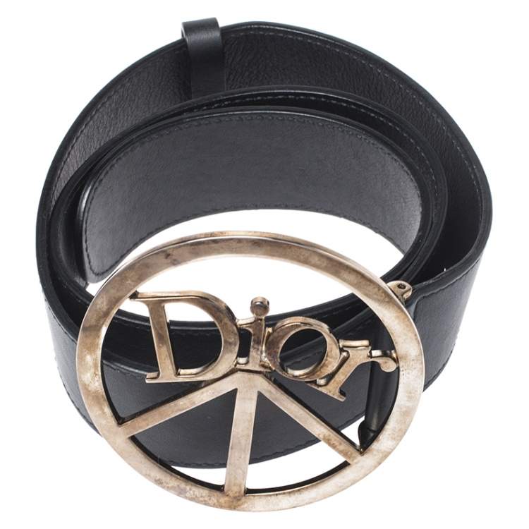 Pre Owned Dior Black Leather Round Logo Buckle Belt 75CM