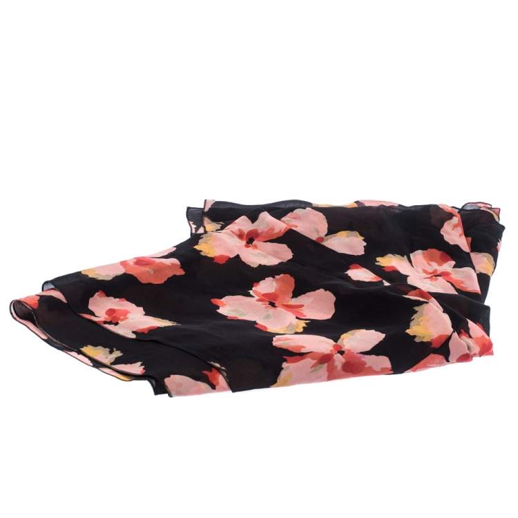 Pre Owned Dior Black Floral Print Silk Ruffled Hem Scarf
