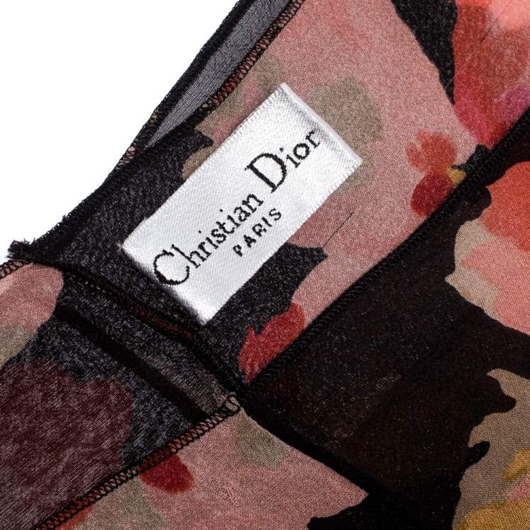 Pre Owned Dior Black Floral Print Silk Ruffled Hem Scarf