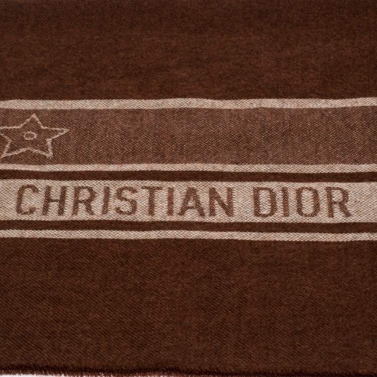 مملوكة مسبقًا Dior Brown Wool Jacquard Logo Detail Fringed Scarf