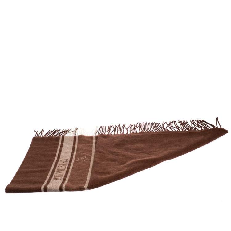 مملوكة مسبقًا Dior Brown Wool Jacquard Logo Detail Fringed Scarf