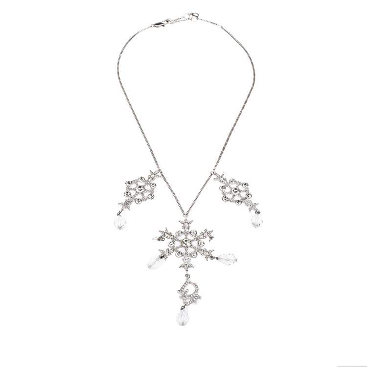 Pre Owned Dior Snowflake Charm Crystal Embellished Silver Tone Pendant Necklace