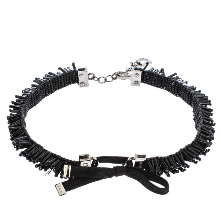 Pre Owned Dior Black Bead Embellished Bow Hook Choker Necklace