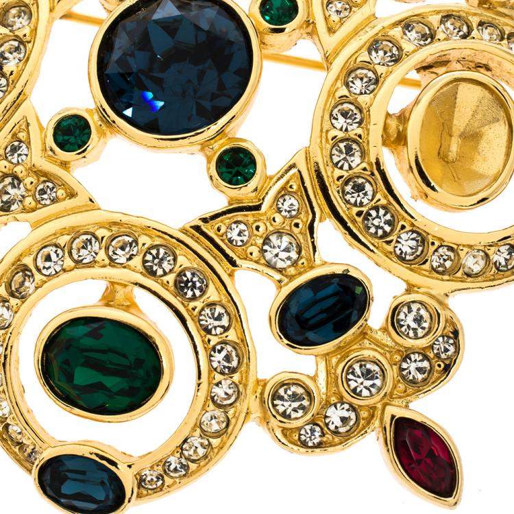 Pre Owned Dior Vintage Multicolor Crystal Gold Tone Pin Brooch