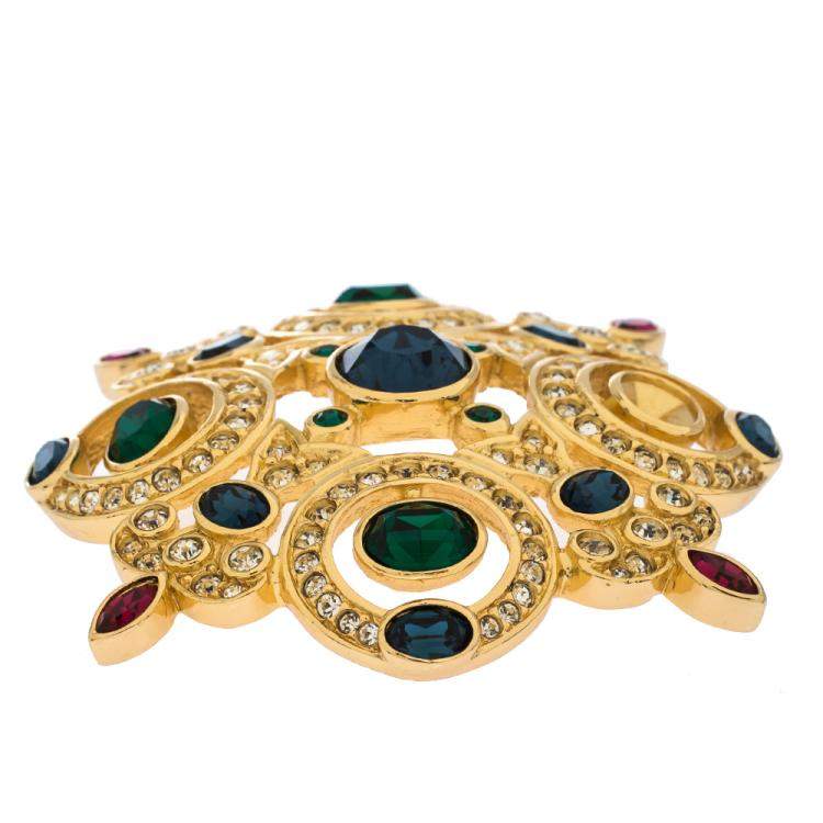 Pre Owned Dior Vintage Multicolor Crystal Gold Tone Pin Brooch