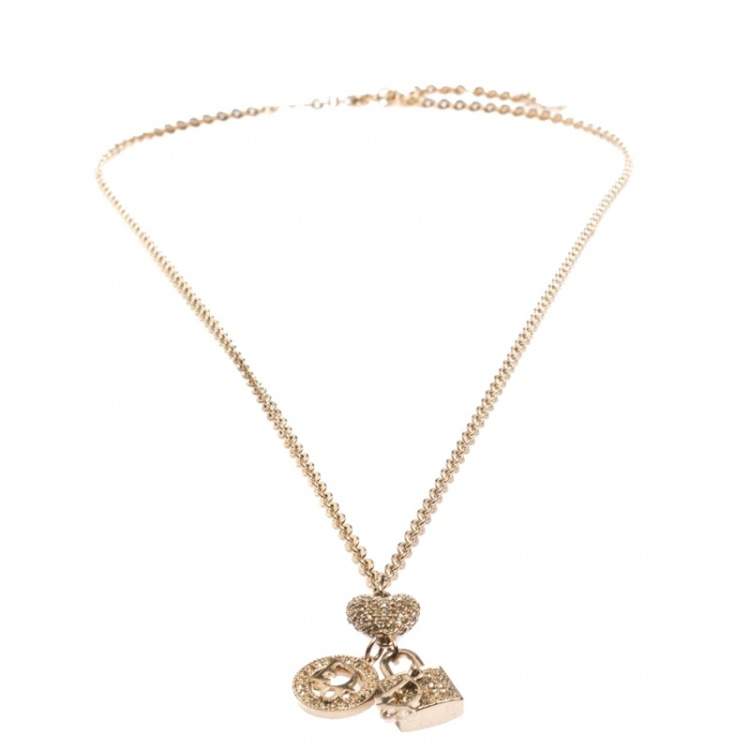 Pre Owned Dior Crystal Multi Charm Gold Tone Long Pendant Necklace