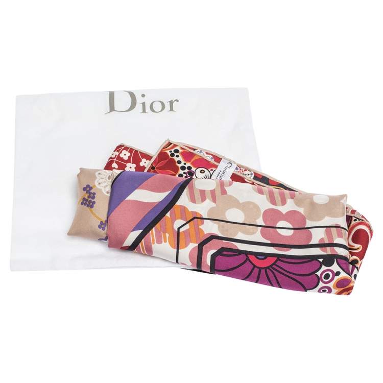 Pre Owned Dior Pink Abstract Floral Printed Silk Square Scarf 