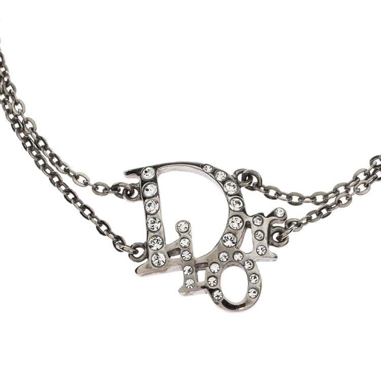 Pre Owned  Dior Crystal Logo Silver Tone Double Chain Bracelet