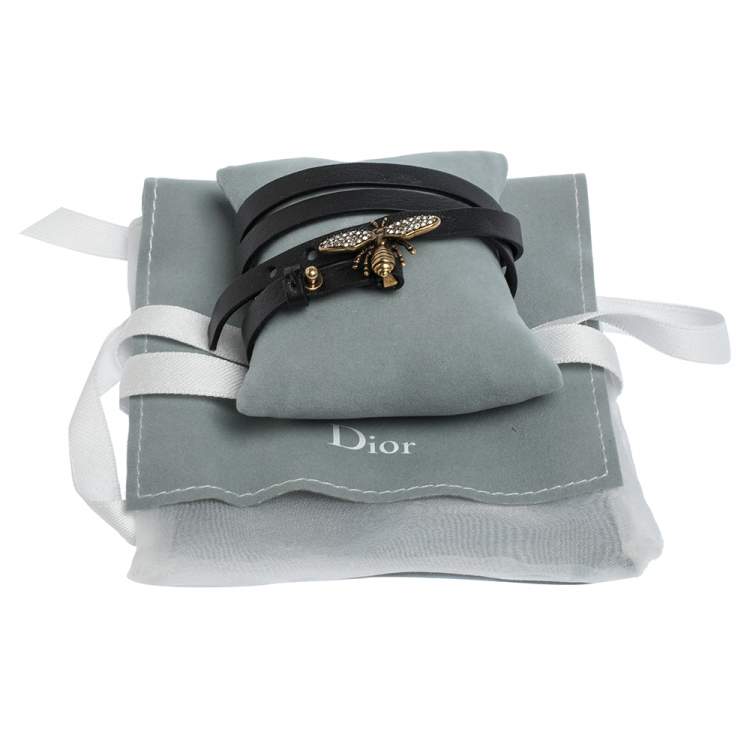 Pre Owned Christian Dior Crystal Bee Leather Double Wrap Bracelet