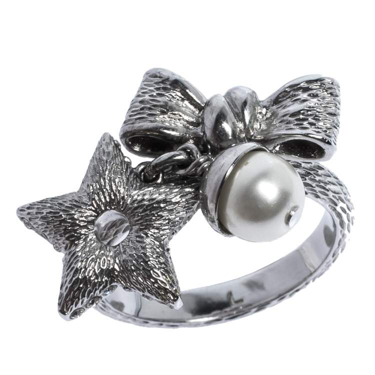 Pre Owned Dior Silver Tone Bow, Crystal Star & Faux Pearl Charm Ring L